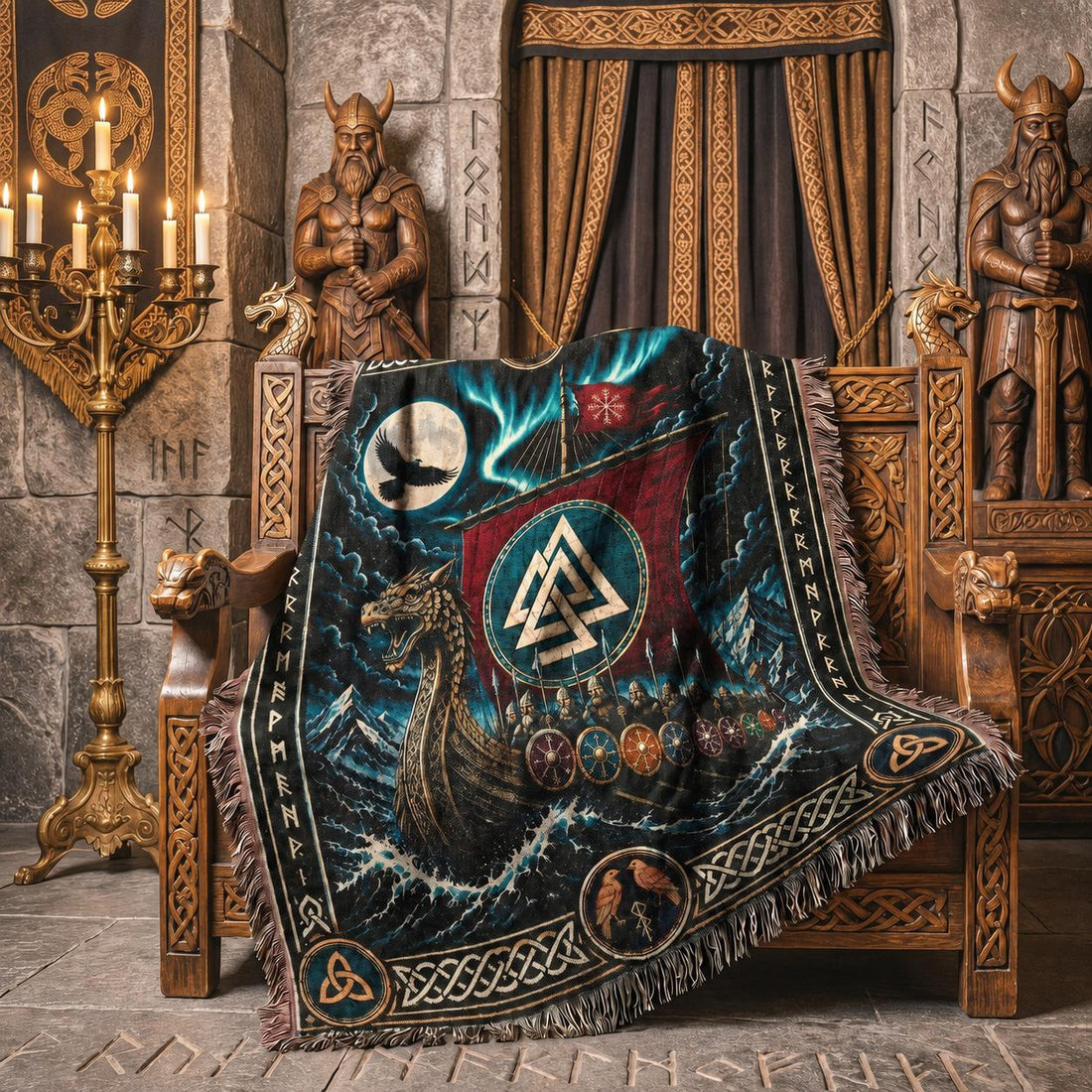 Viking Blanket - Viking Ship Woven Blanket, Norse Wall Art, Man Cave Decor, Gift for Him