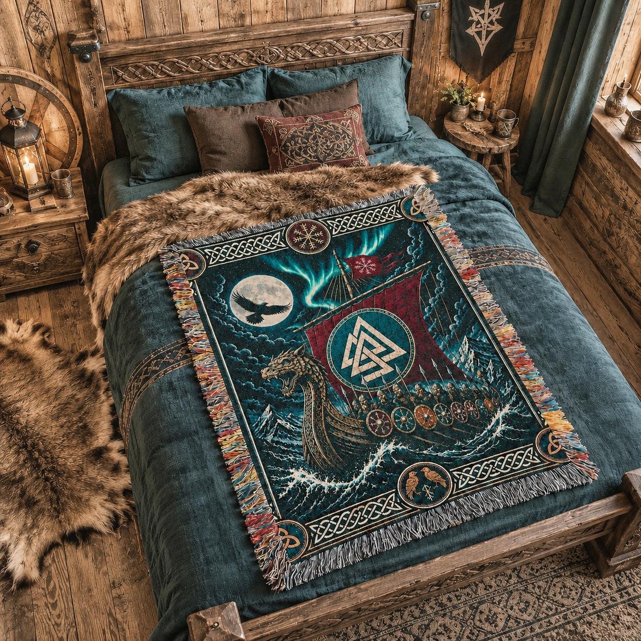 Viking Blanket - Viking Ship Woven Blanket, Norse Wall Art, Man Cave Decor, Gift for Him
