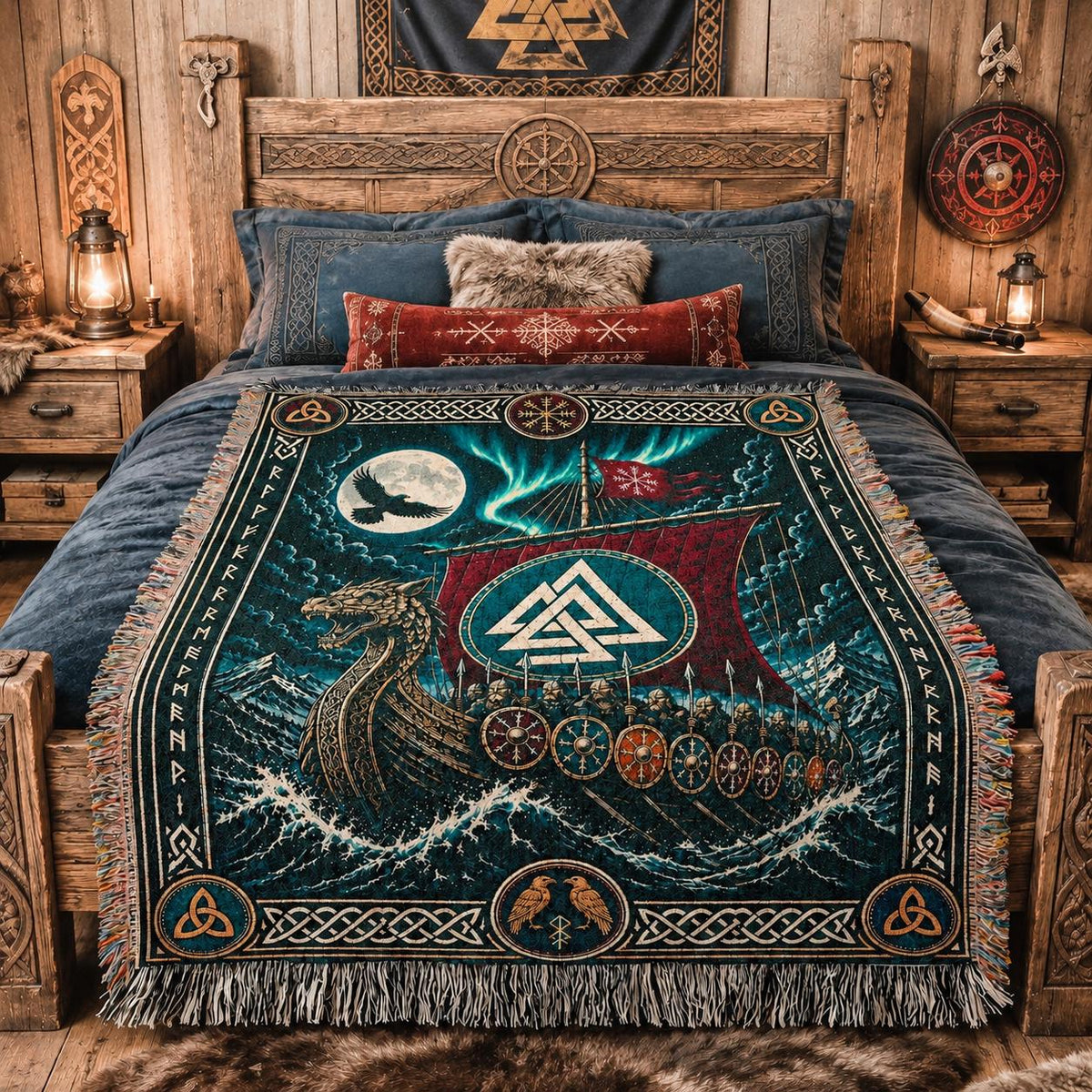 Viking Blanket - Viking Ship Woven Blanket, Norse Wall Art, Man Cave Decor, Gift for Him