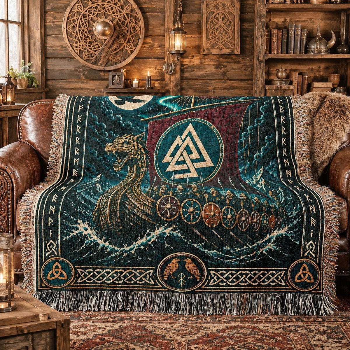 Viking Blanket - Viking Ship Woven Blanket, Norse Wall Art, Man Cave Decor, Gift for Him
