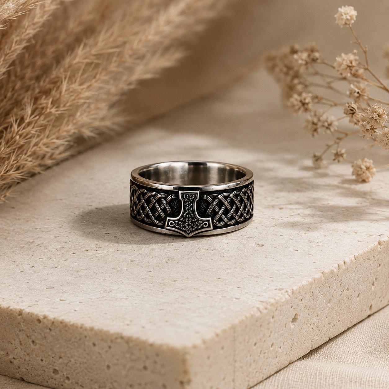 Viking Thor's Hammer Ring - Sterling Silver Hammer of Thor Ring, Viking Mjolnir Band, Norse