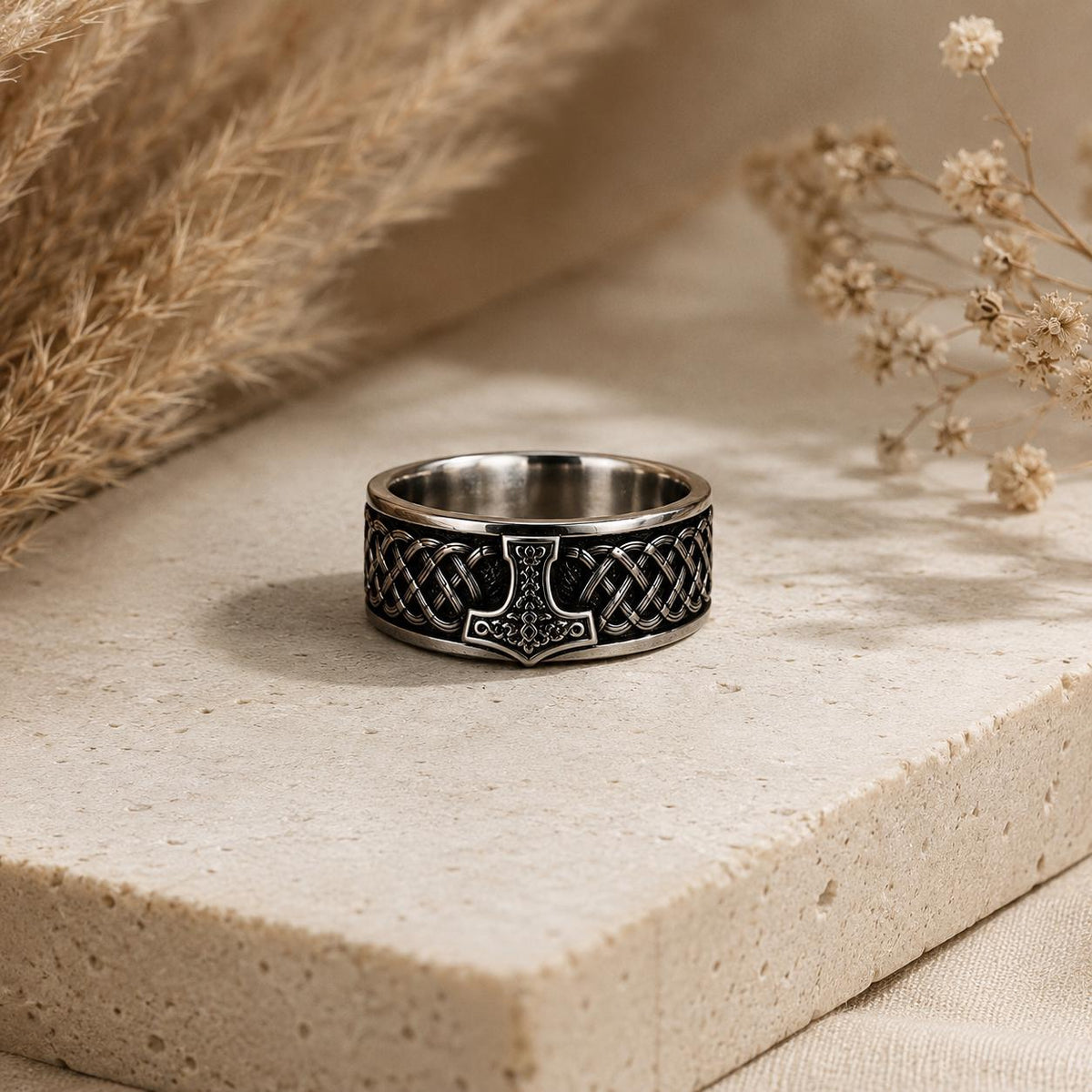 Viking Thor's Hammer Ring - Sterling Silver Hammer of Thor Ring, Viking Mjolnir Band, Norse