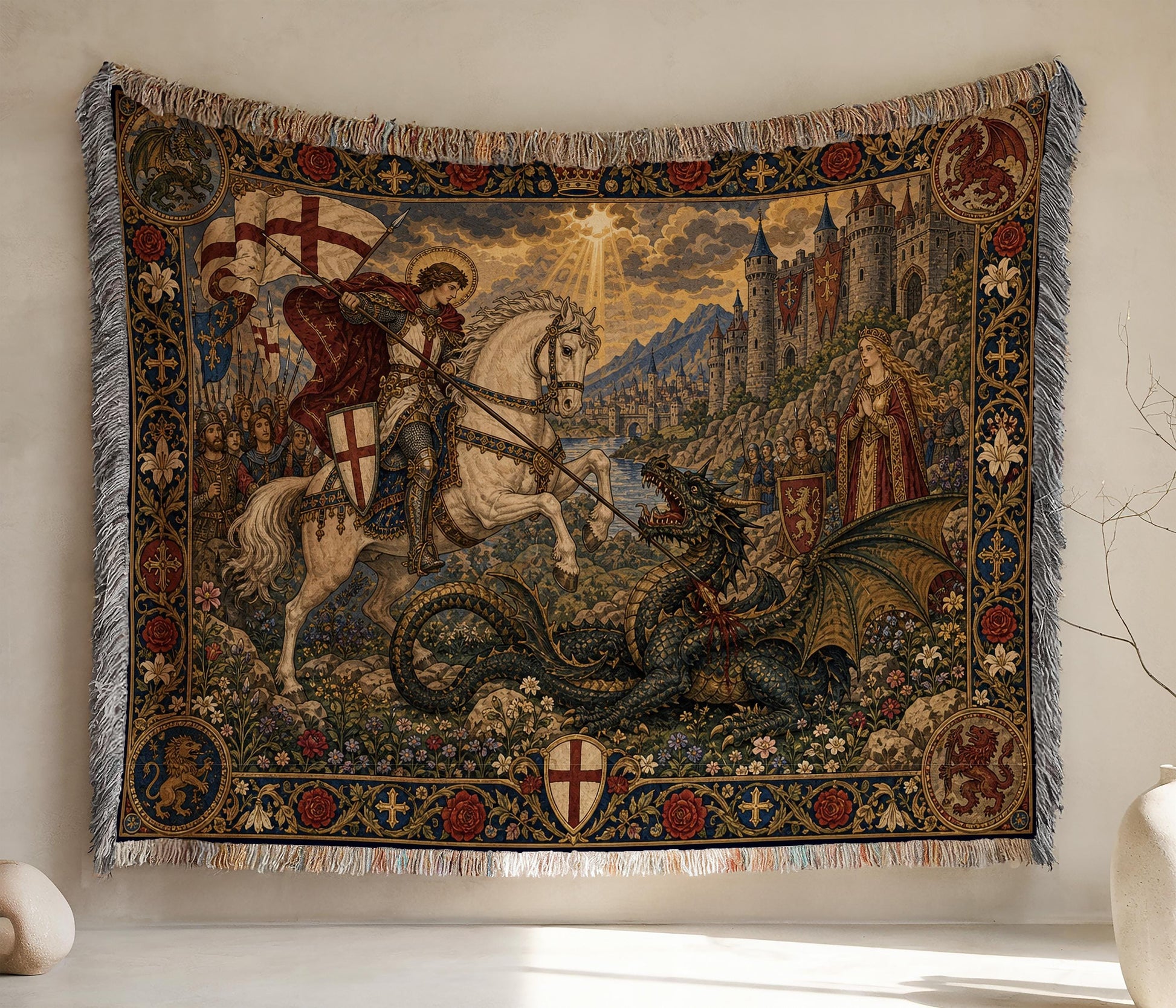 Viking Blanket - Viking Nordic Dragon Woven Cotton Throw Blanket, Fringed Tapestry Decor