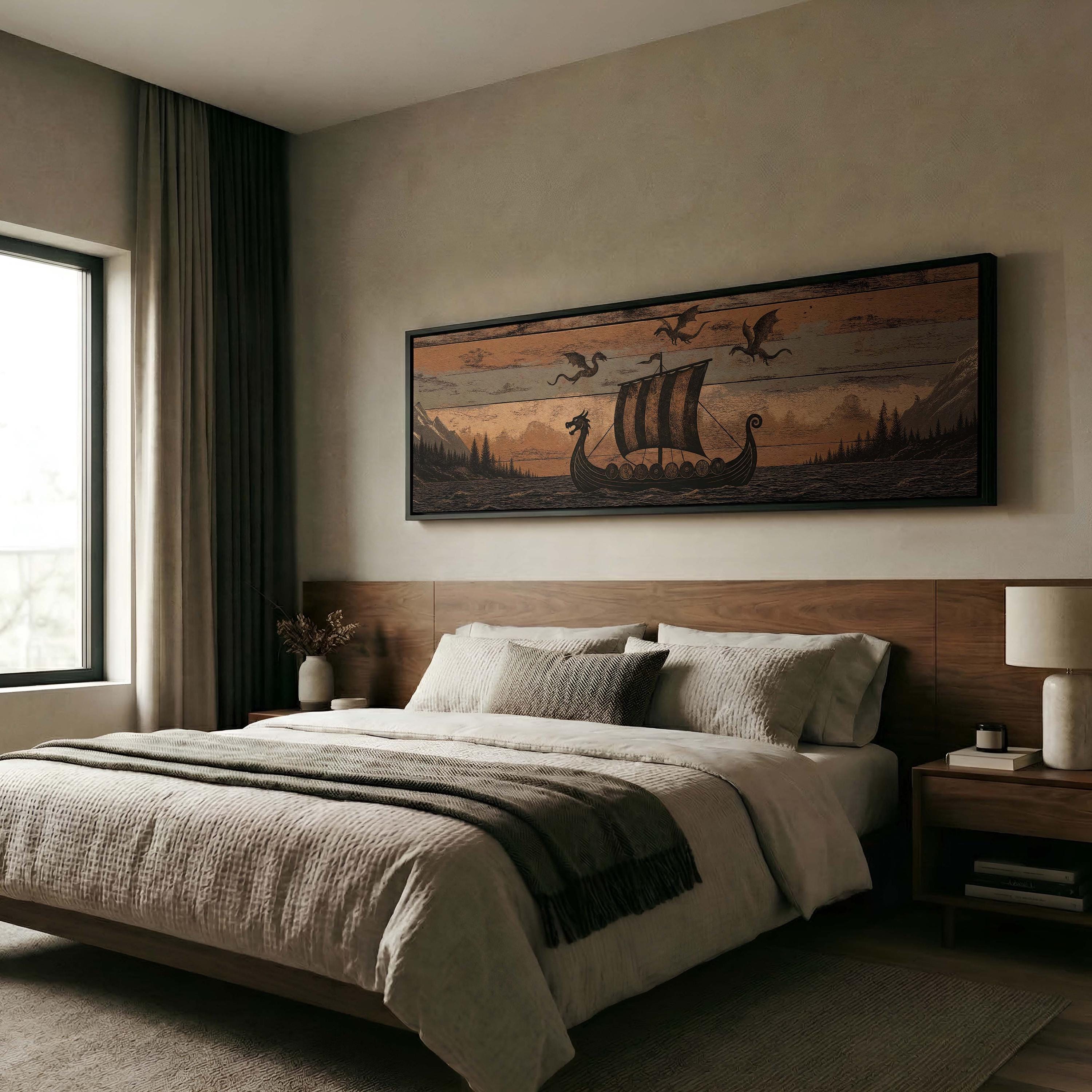 Viking Longship Home Decor - Panoramic Wall Art Viking Longship Canvas - Scandinavian Decor Norse