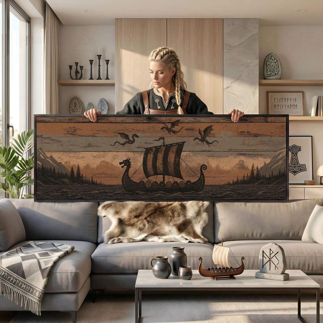 Viking Longship Home Decor - Panoramic Wall Art Viking Longship Canvas - Scandinavian Decor Norse