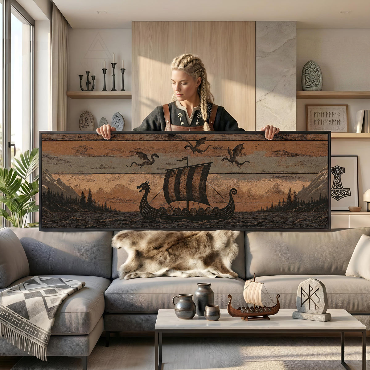 Viking Longship Home Decor - Panoramic Wall Art Viking Longship Canvas - Scandinavian Decor Norse