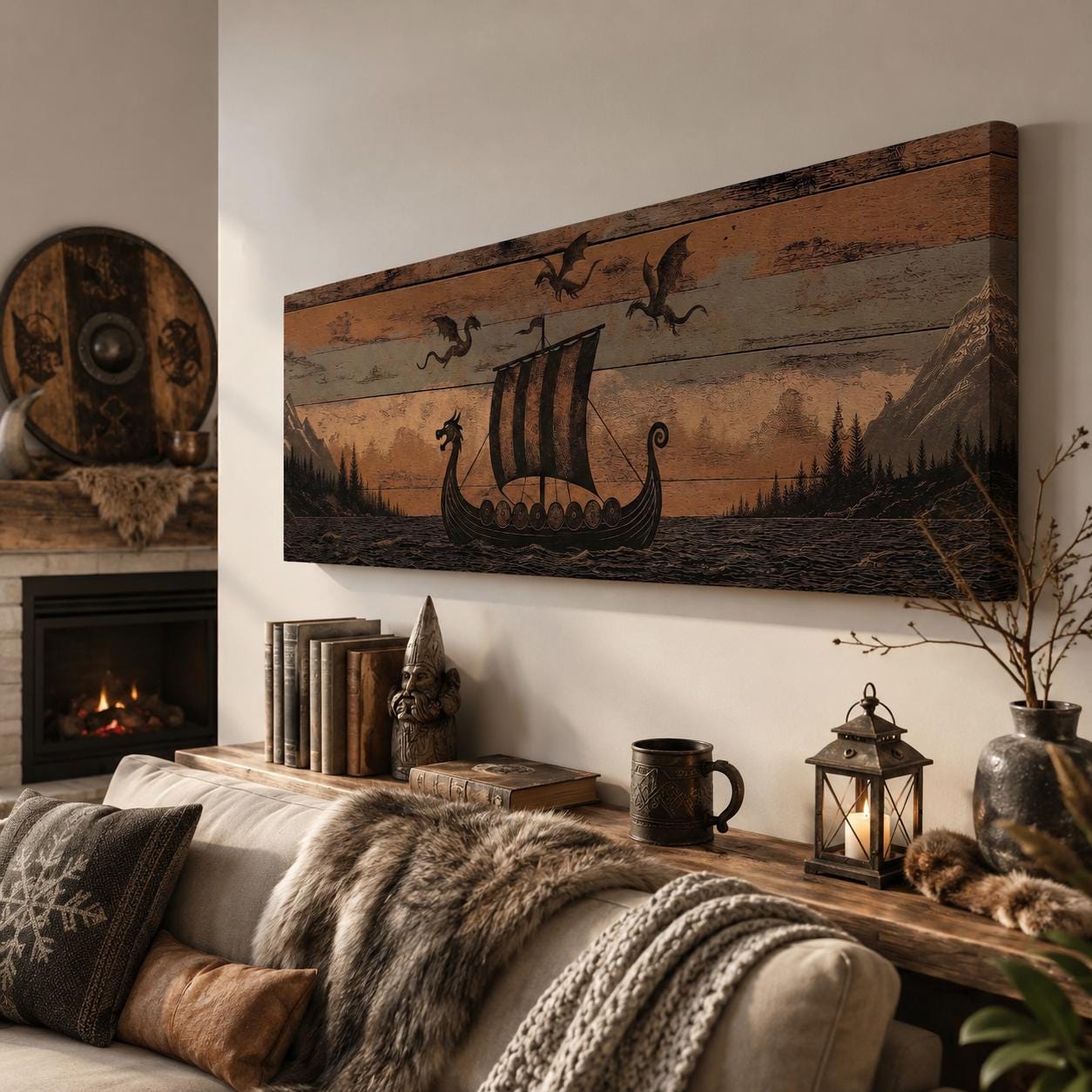Viking Longship Home Decor - Panoramic Wall Art Viking Longship Canvas - Scandinavian Decor Norse