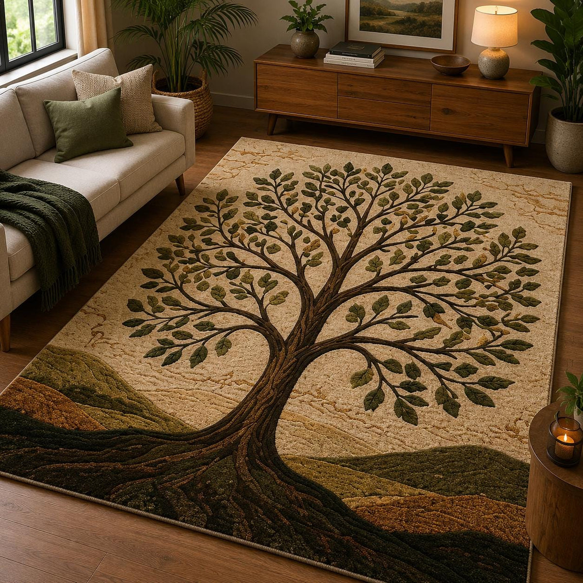 Viking Yggdrasil Tree of Life Rug - Yggdrasil Raven Rug – Green Tree of Life Carpet with Celtic