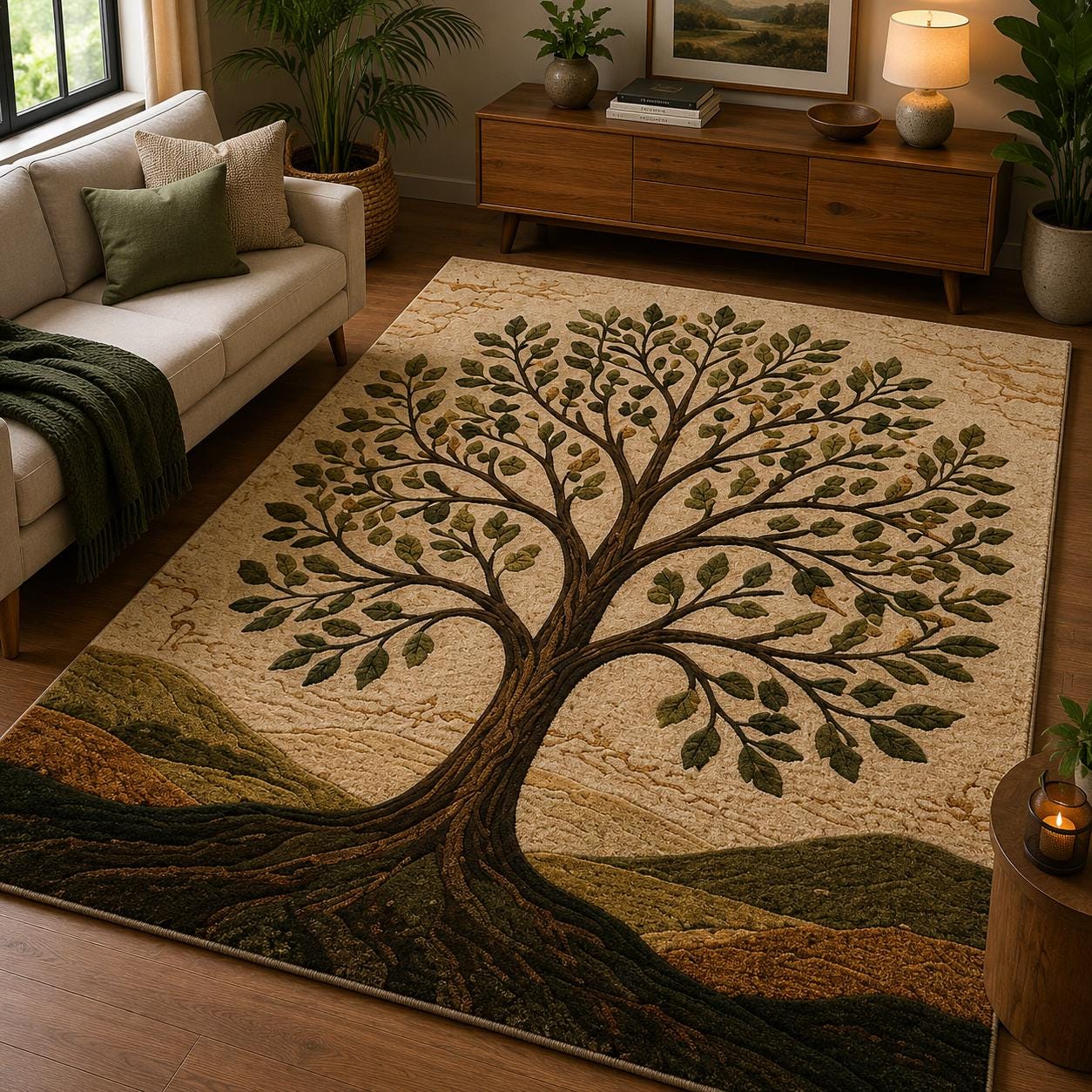 Viking Yggdrasil Tree of Life Rug - Yggdrasil Raven Rug – Green Tree of Life Carpet with Celtic