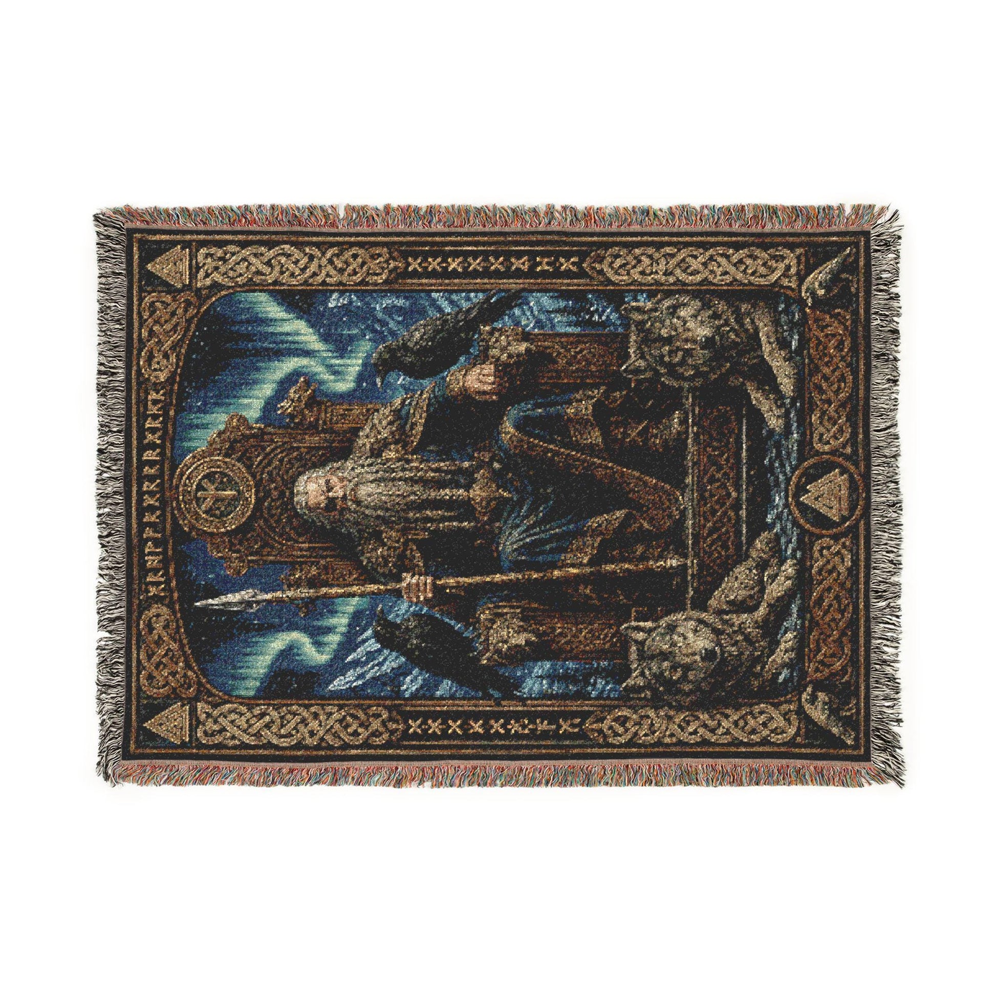 Viking Odin Blanket - Viking Odin Woven Blanket, Norse Mythology Throw, Raven and Wolf Tapestry