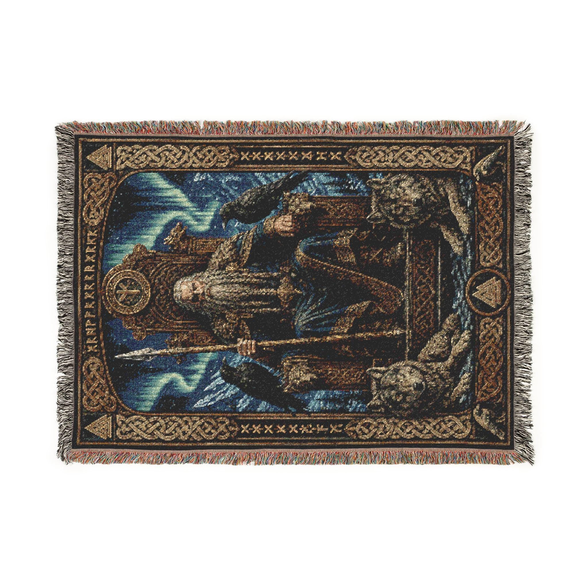 Viking Odin Blanket - Viking Odin Woven Blanket, Norse Mythology Throw, Raven and Wolf Tapestry