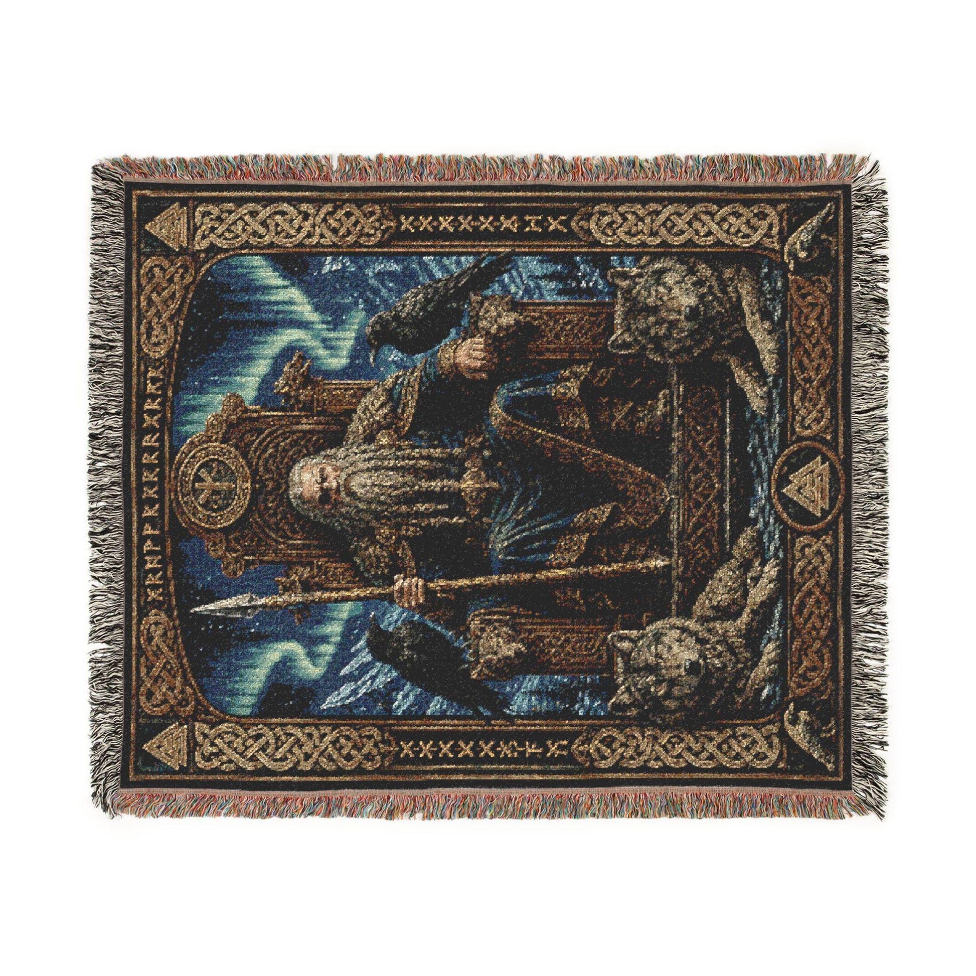 Viking Odin Blanket - Viking Odin Woven Blanket, Norse Mythology Throw, Raven and Wolf Tapestry