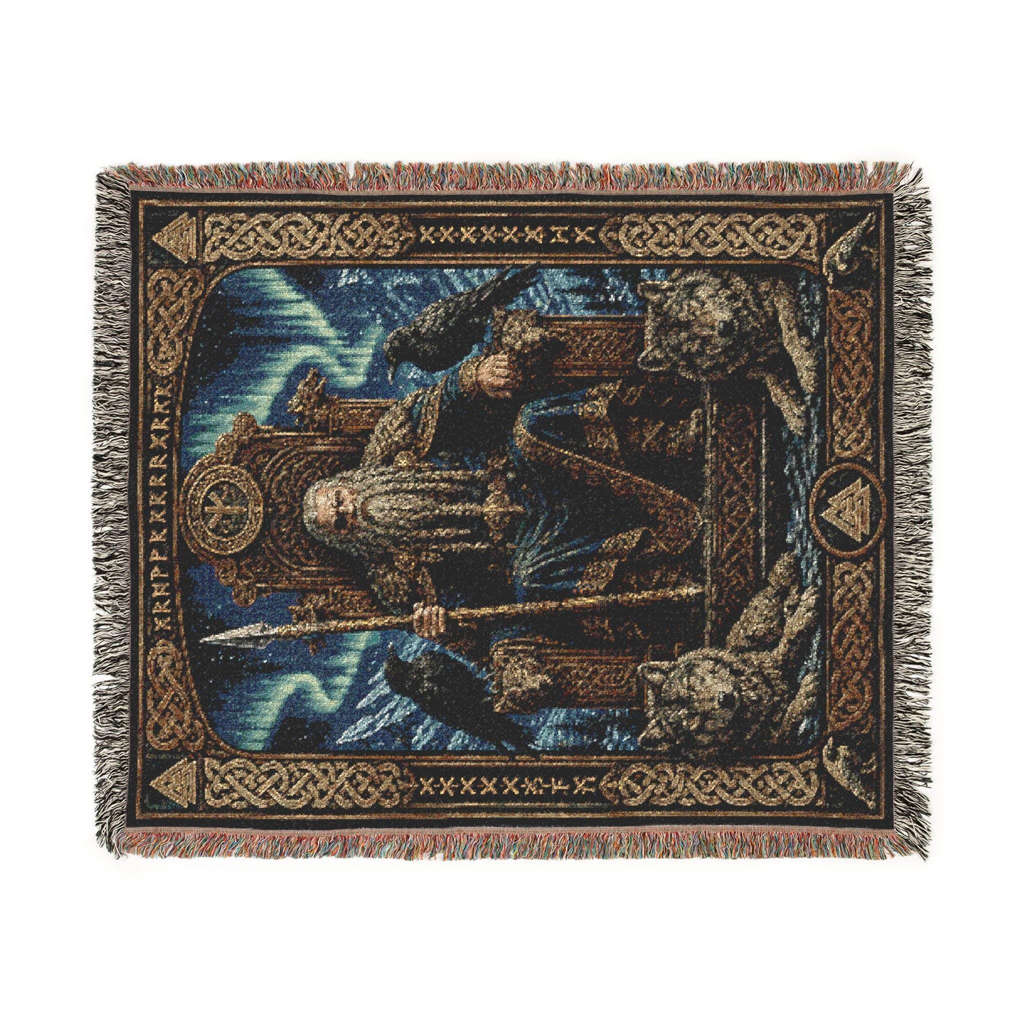 Viking Odin Blanket - Viking Odin Woven Blanket, Norse Mythology Throw, Raven and Wolf Tapestry
