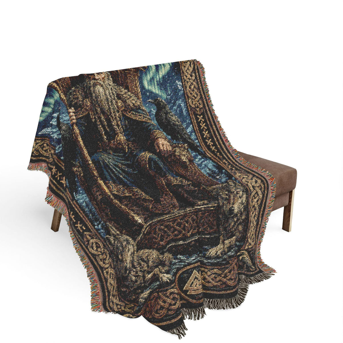 Viking Odin Blanket - Viking Odin Woven Blanket, Norse Mythology Throw, Raven and Wolf Tapestry