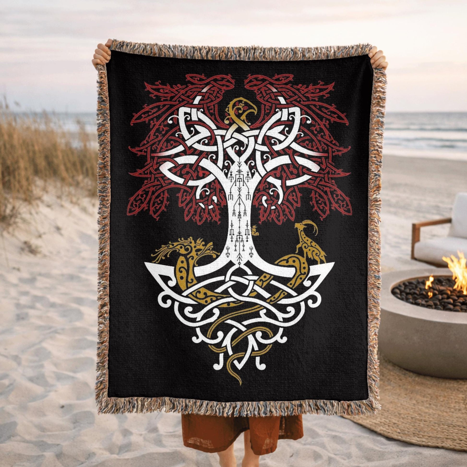 Viking Thor's Hammer Blanket - Viking Longship Woven Blanket, Medieval Norse Mythology Tapestry