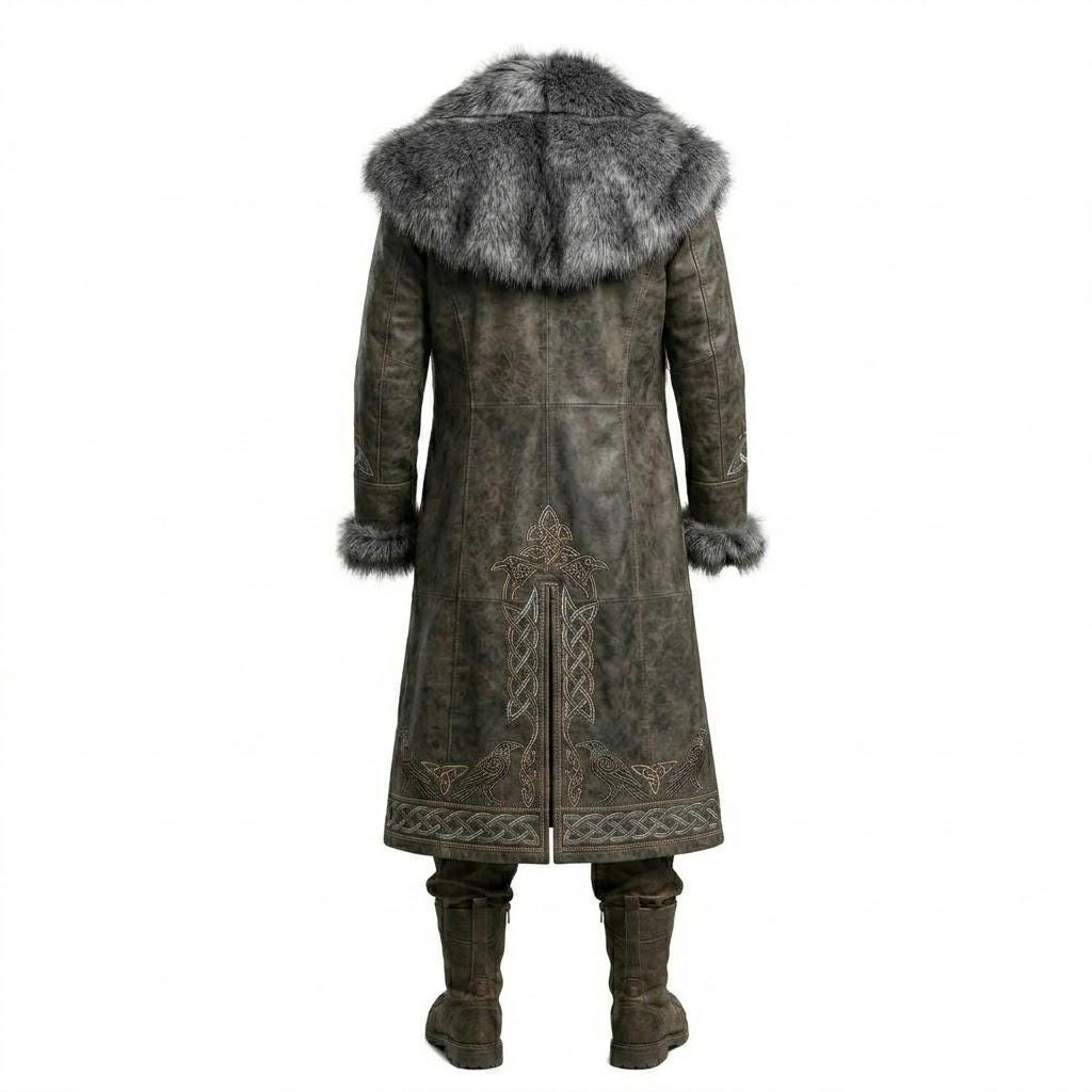 Viking Jacket - Viking Fur Leather Coat for Men, Norse Warrior Long Jacket, Medieval Fantasy