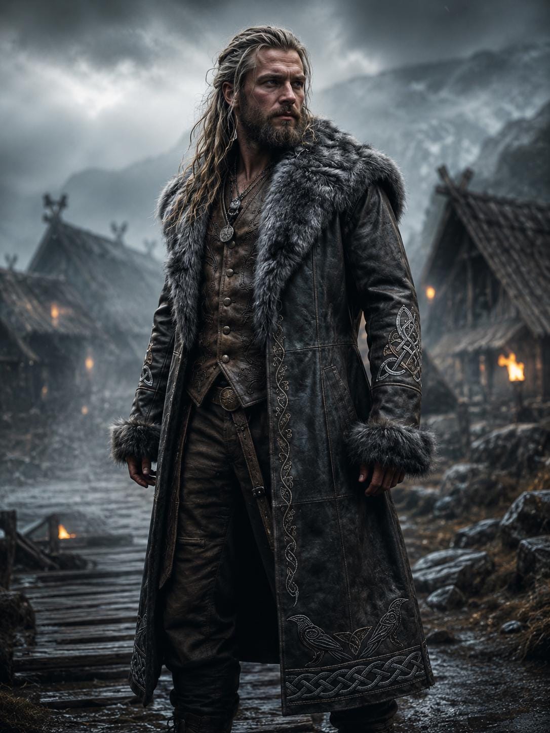 Viking Jacket - Viking Fur Leather Coat for Men, Norse Warrior Long Jacket, Medieval Fantasy