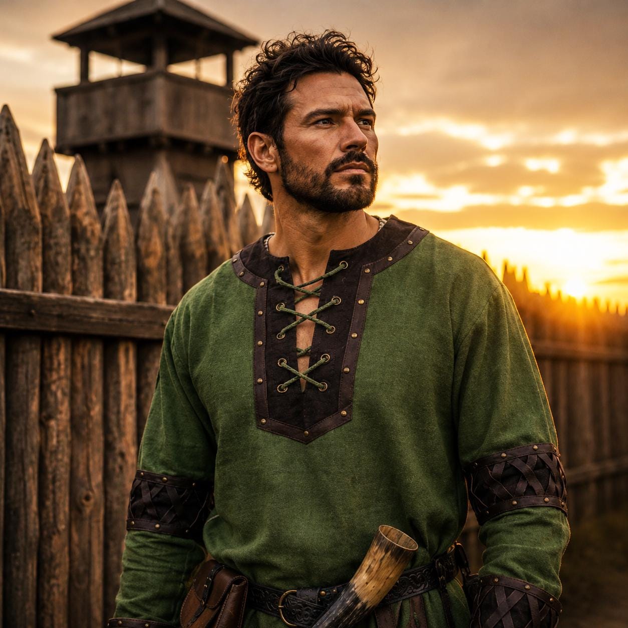 Viking T-Shirt - Green Viking tunic with leather details, Viking tunic for reenactment, LARP, and