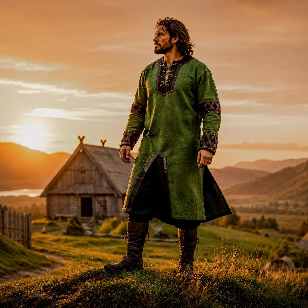 Viking T-Shirt - Green Viking tunic with leather details, Viking tunic for reenactment, LARP, and