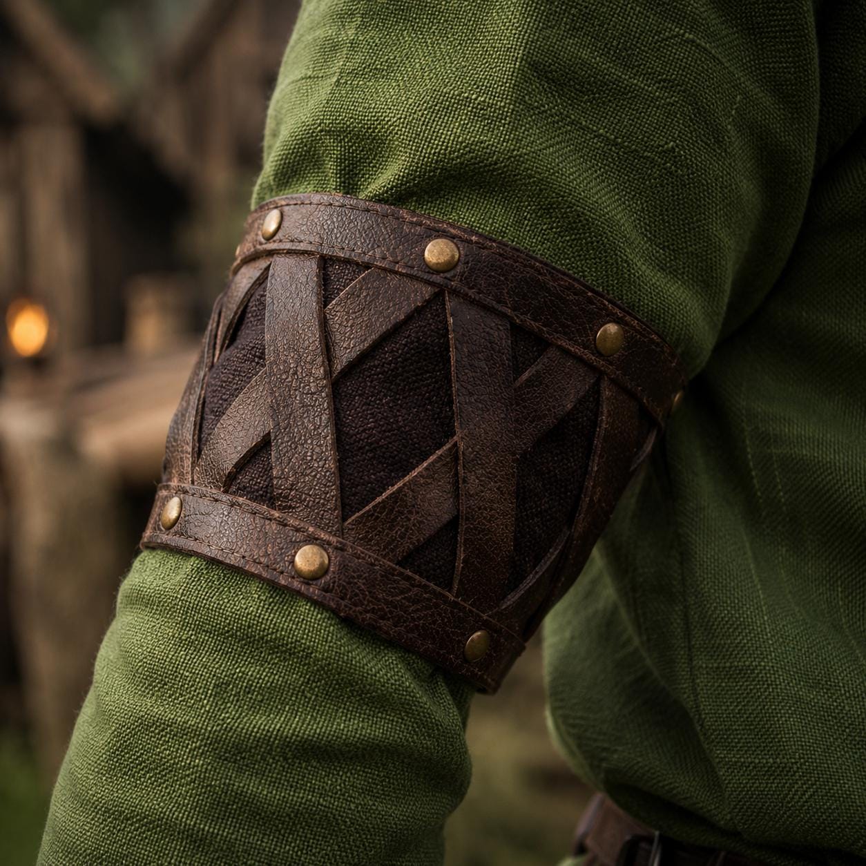 Viking T-Shirt - Green Viking tunic with leather details, Viking tunic for reenactment, LARP, and