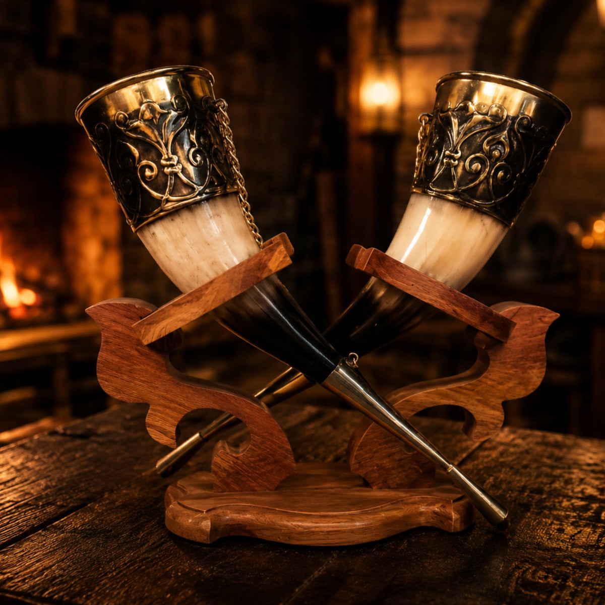 Viking Mug - Viking Drinking Horn Set with Wood Stand – Handcrafted Silver Filigree Norse Decor