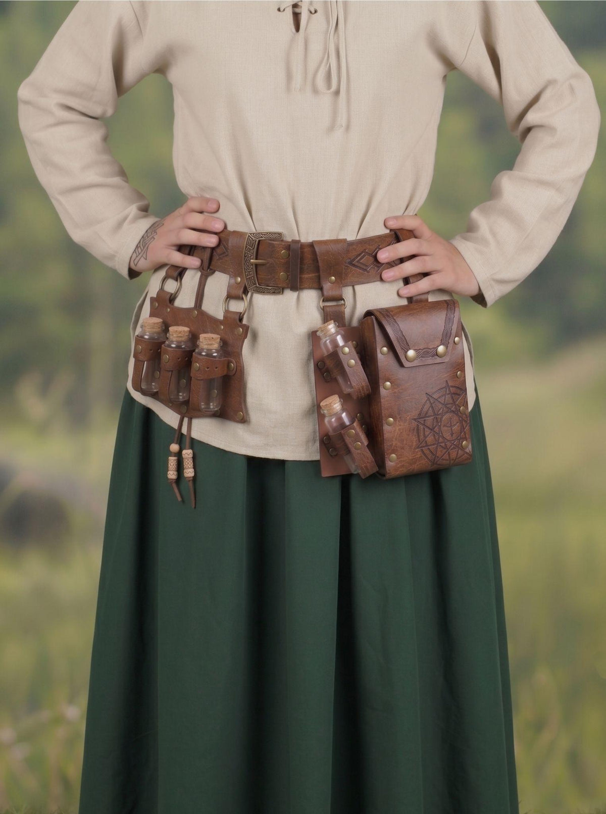 Viking Costume & LARP - Viking Black Medieval Leather Belt Pouch with Potion Bottles for