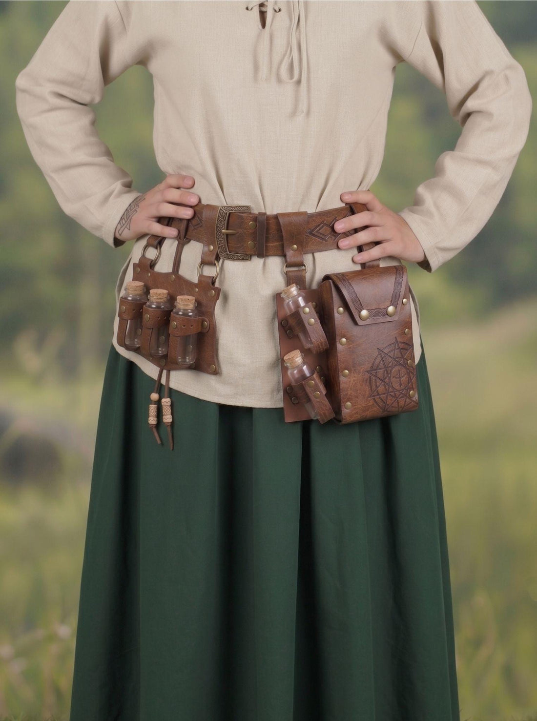 Viking Costume & LARP - Viking Medieval Leather Belt Pouch with Potion Bottles for Renaissance