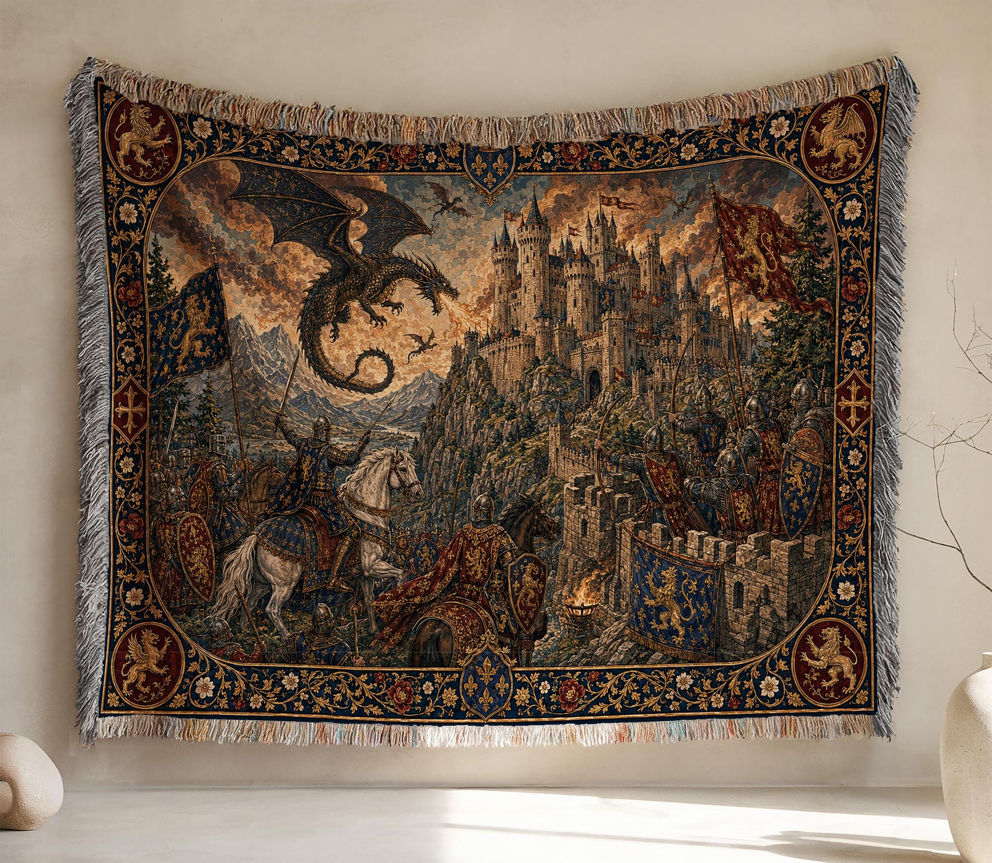 Viking Wolf Blanket - Norse Tree of Life Woven Blanket, Yggdrasil Raven and Wolf Tapestry Throw