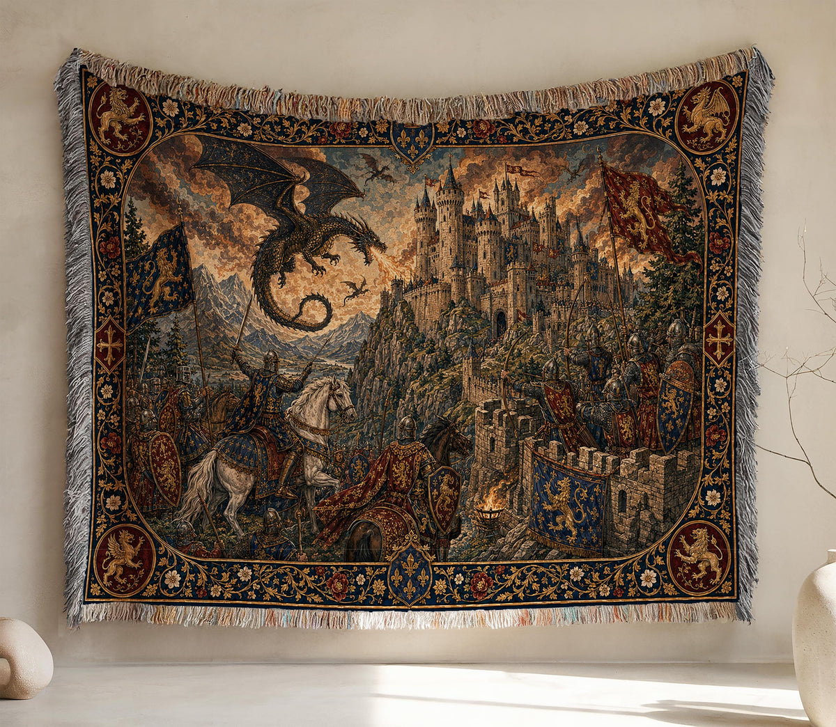 Viking Wolf Blanket - Norse Tree of Life Woven Blanket, Yggdrasil Raven and Wolf Tapestry Throw
