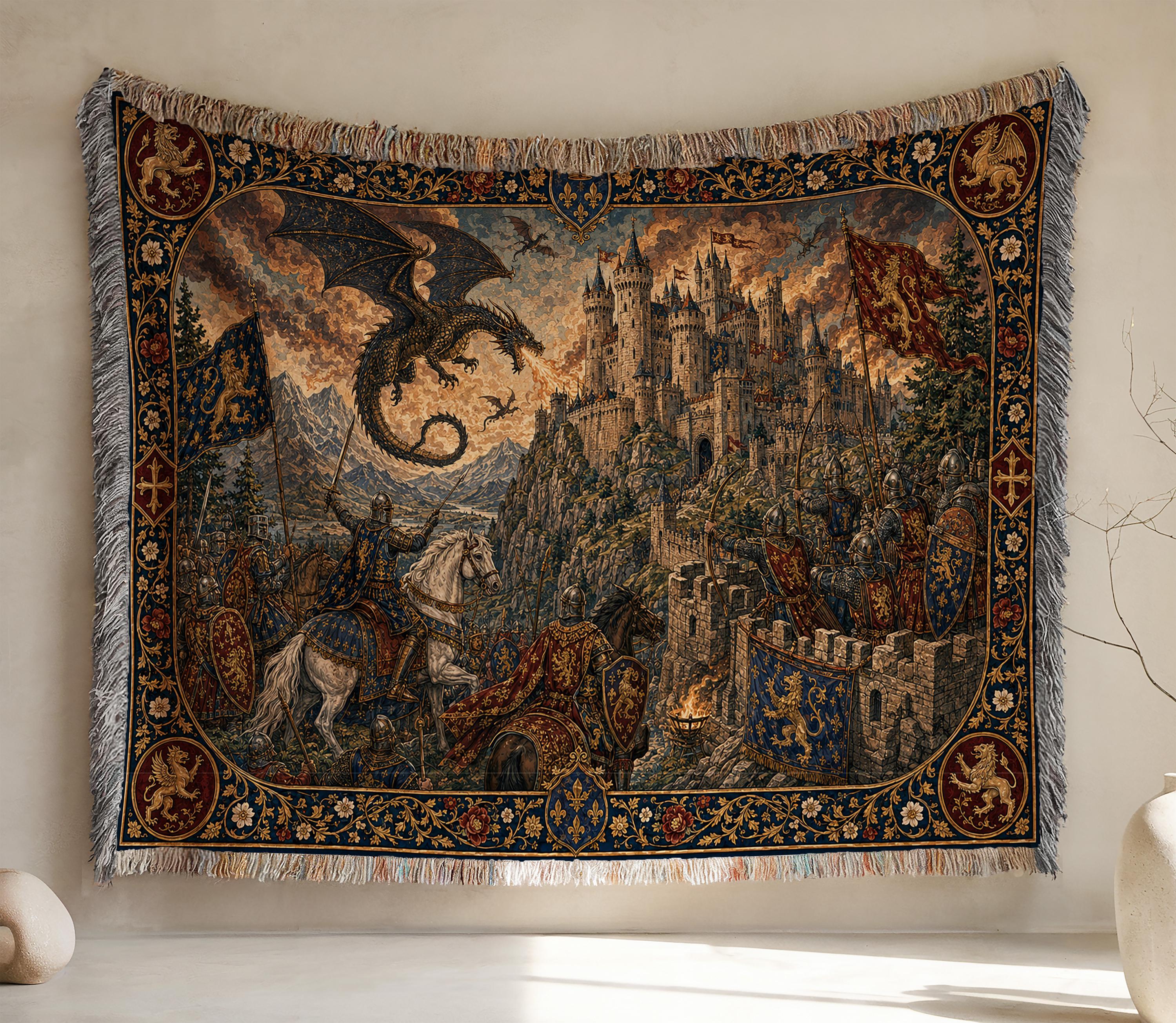Viking Wolf Blanket - Viking Raven Woven Blanket, Norse Warrior Longship Tapestry Throw, Wolf
