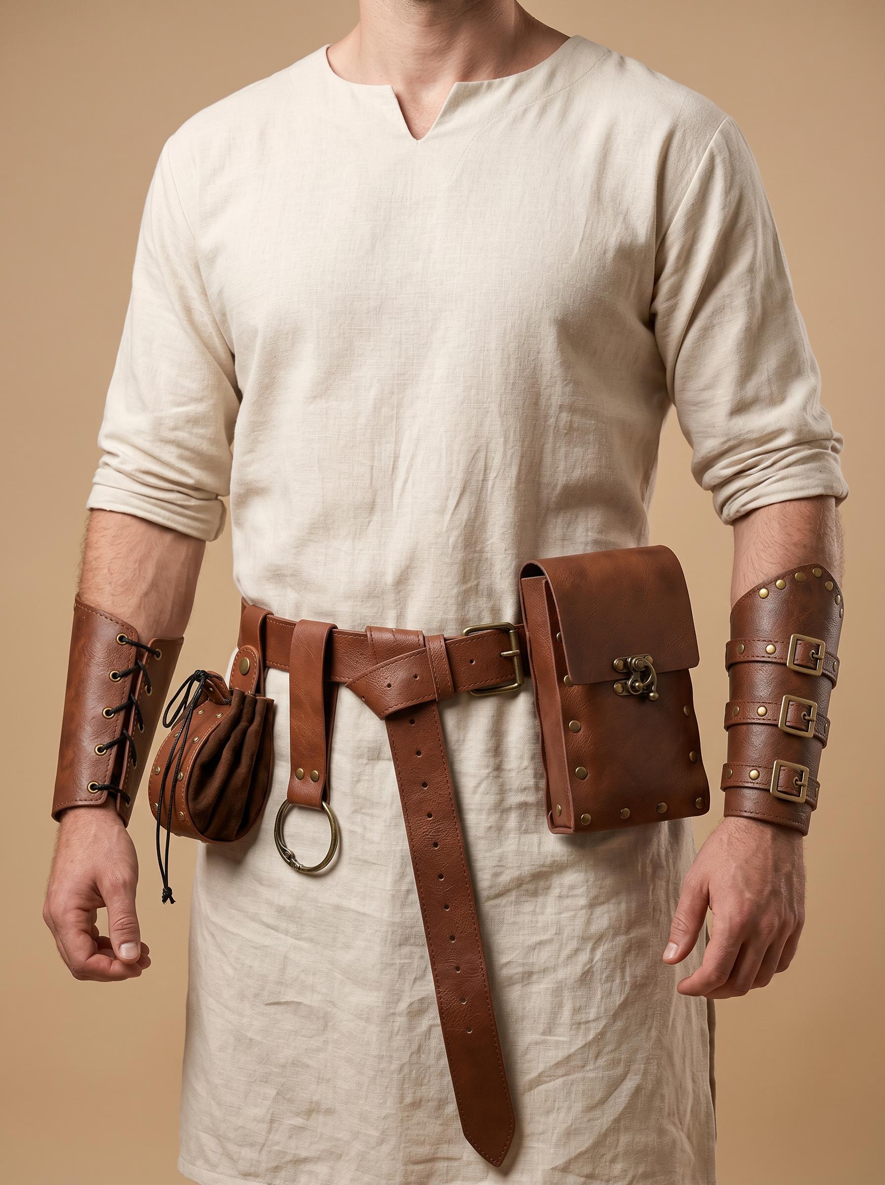 Viking Costume & LARP - Medieval Belt Set, Ren Faire Viking Cosplay Belt, Bracers Bags, Steampunk