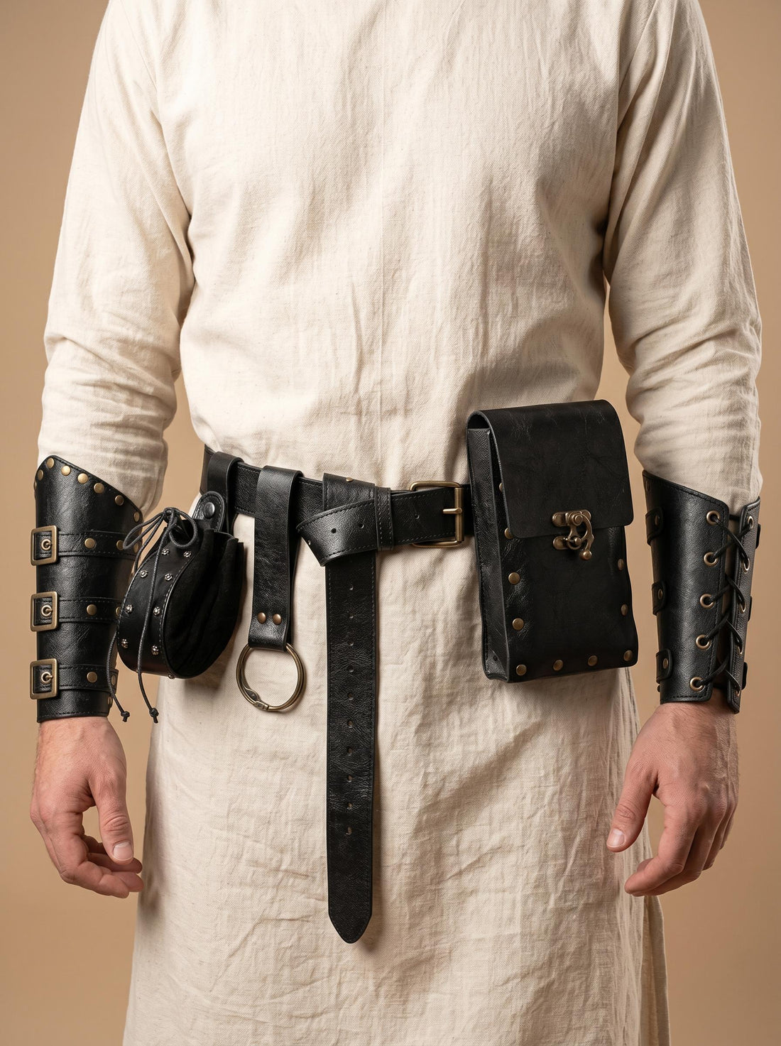 Viking Costume & LARP - Medieval Belt Set, Ren Faire Viking Cosplay Belt, Bracers Bags, Steampunk