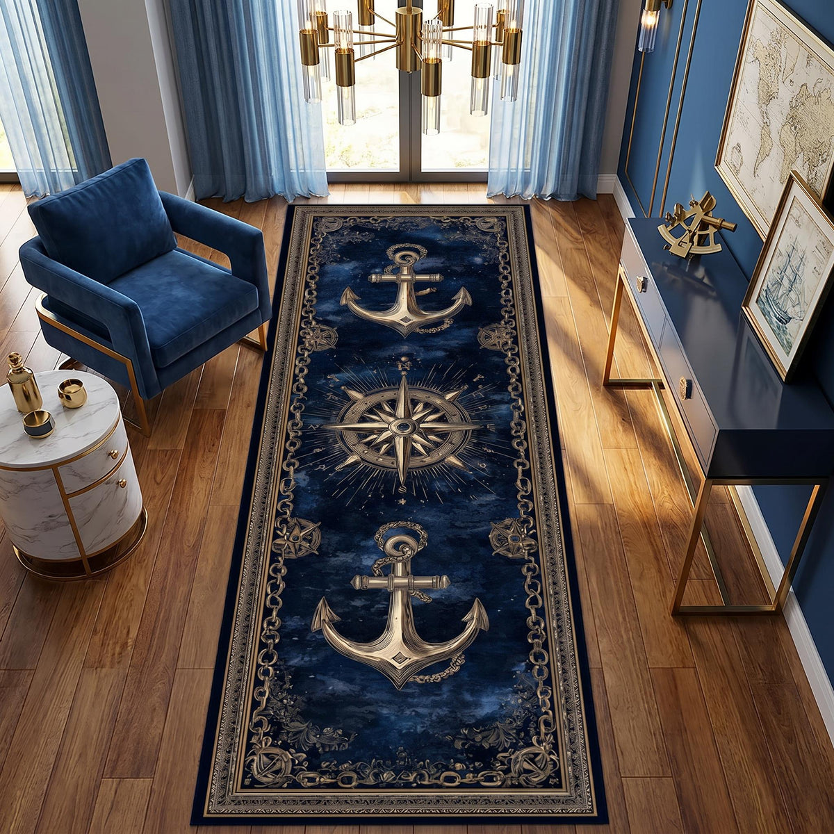 Viking Rug - Viking Axe Runner Rug: Blue Celtic Knot Carpet, Nordic Warrior Pattern, Fantasy Decor