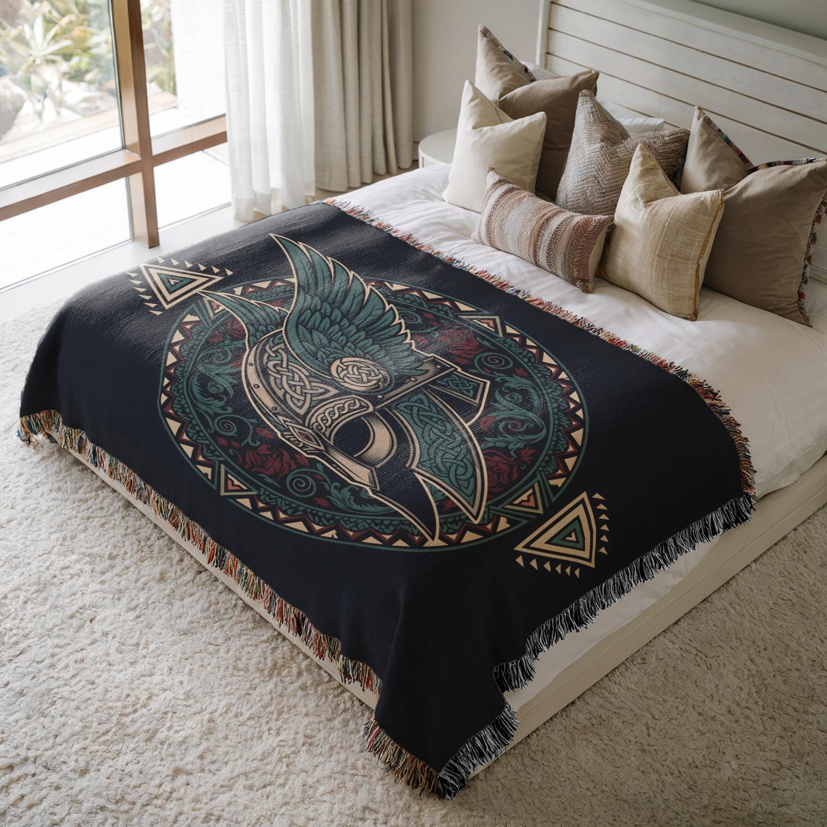 Viking Odin Blanket - Norse Mythology Woven Blanket - Odin Valknut Throw, Viking Warrior Art Gift