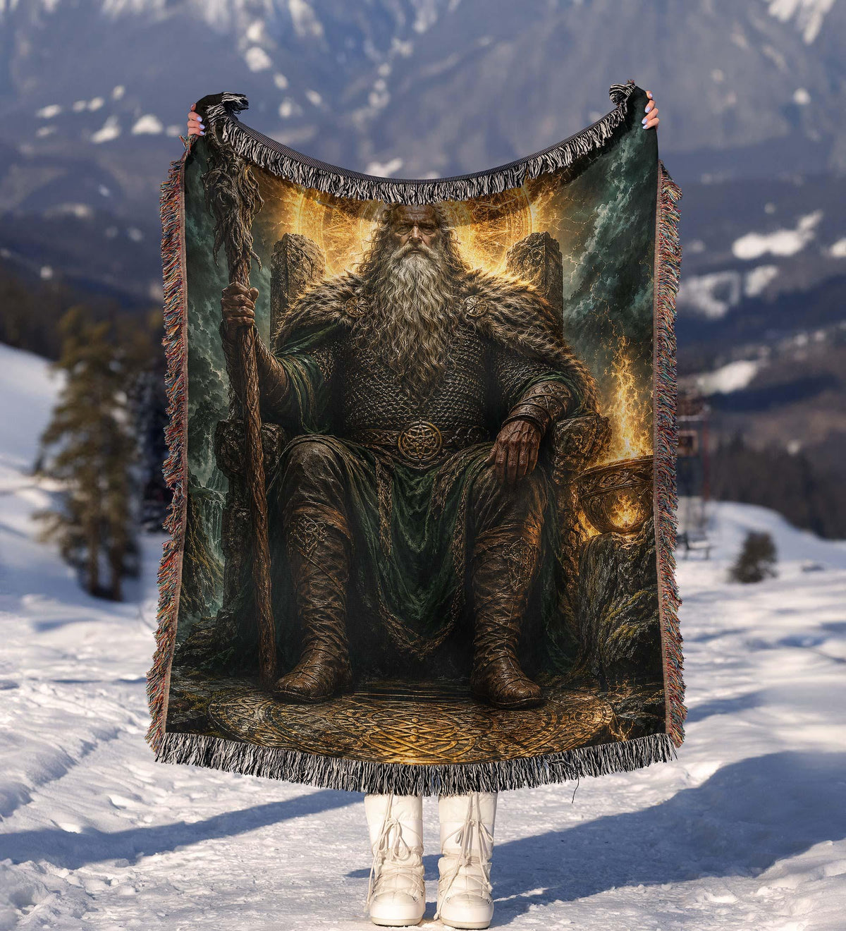 Viking Odin Blanket - Dark Fantasy Odin Woven Blanket, Norse God Viking Wall Art, Gothic Man Cave