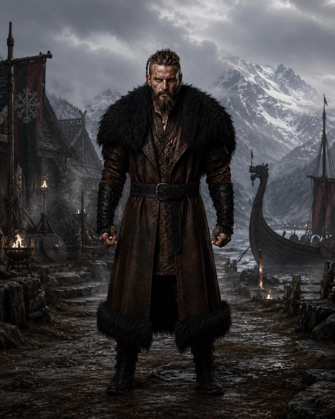 Viking Jacket - Viking Fur Leather Coat for Men, Norse Warrior Long Jacket, Medieval Fantasy