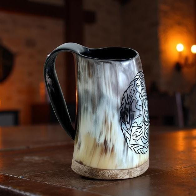 Viking Mug - Handmade Viking Horn Mug, Authentic Natural Ox Horn Tankard, 8 oz Drinking Mug for