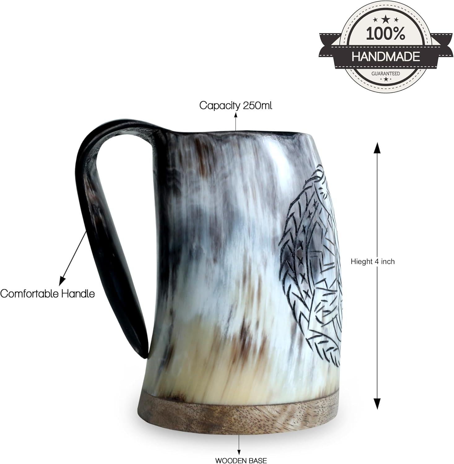 Viking Mug - Handmade Viking Horn Mug, Authentic Natural Ox Horn Tankard, 8 oz Drinking Mug for