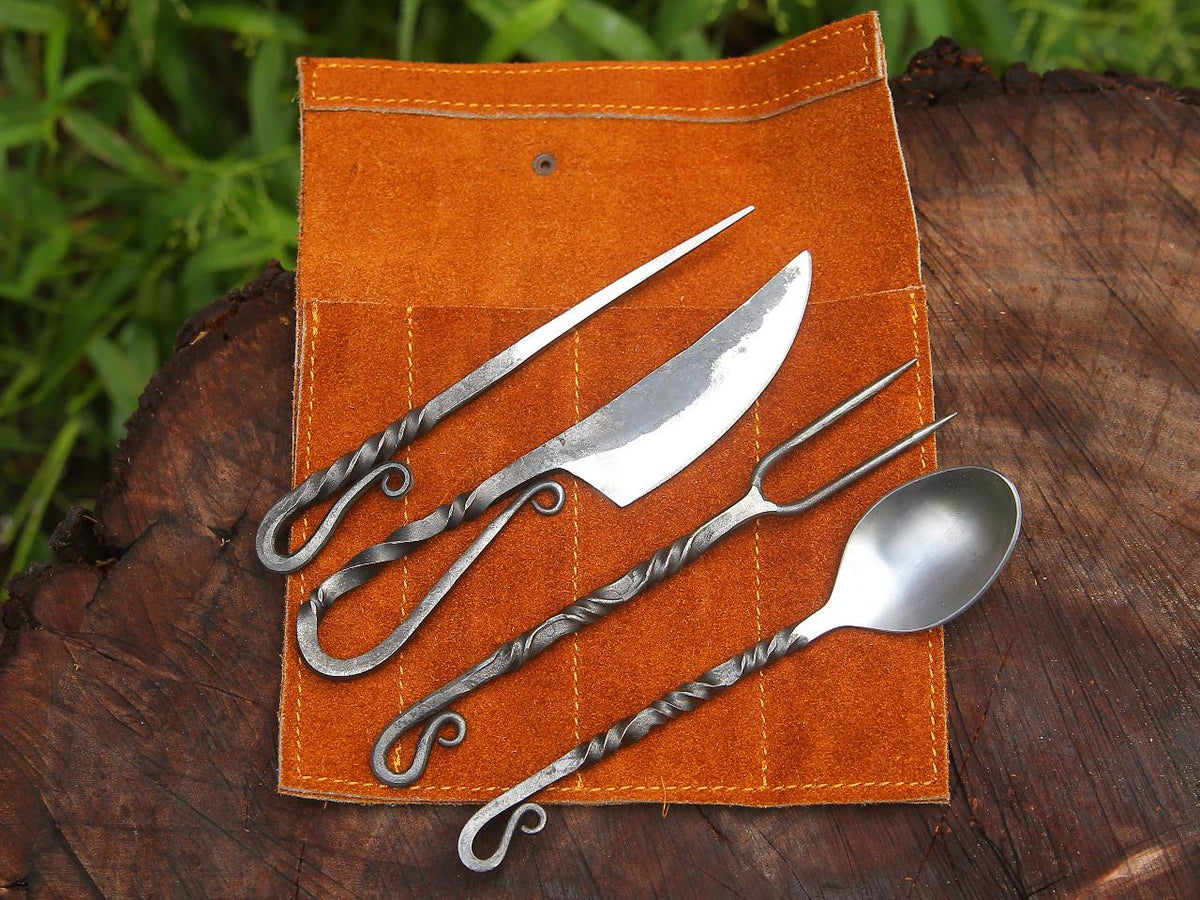 Viking Leather Accessory - Hand Forged Viking Cutlery Set – High Carbon Steel Medieval Utensils Set