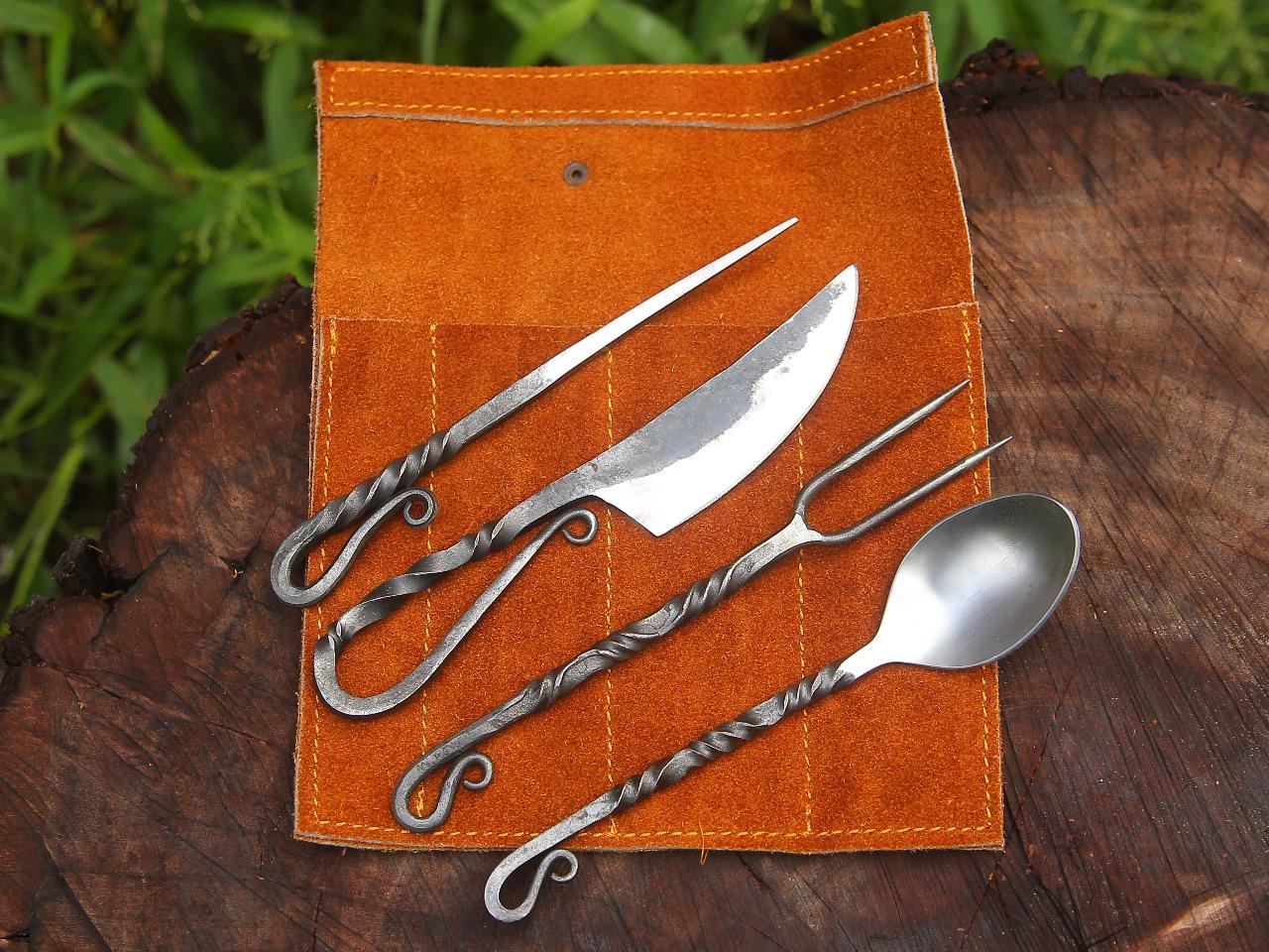 Viking Leather Accessory - Hand Forged Viking Cutlery Set – High Carbon Steel Medieval Utensils Set