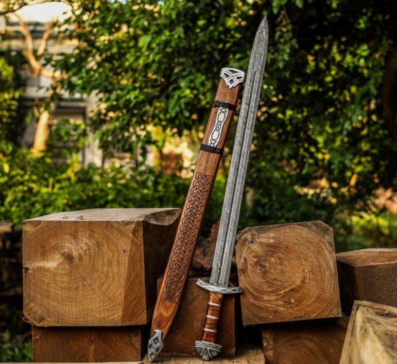 Viking Costume & LARP - 36” Damascus Northmen Sword with Scabbard, Handmade Collectible Medieval