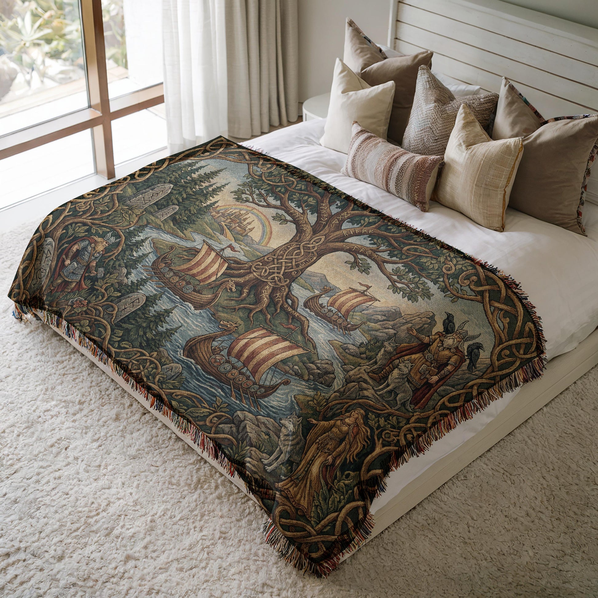 Viking Yggdrasil Tree of Life Blanket - Yggdrasil Woven Blanket, Norse Mythology Tapestry, Viking