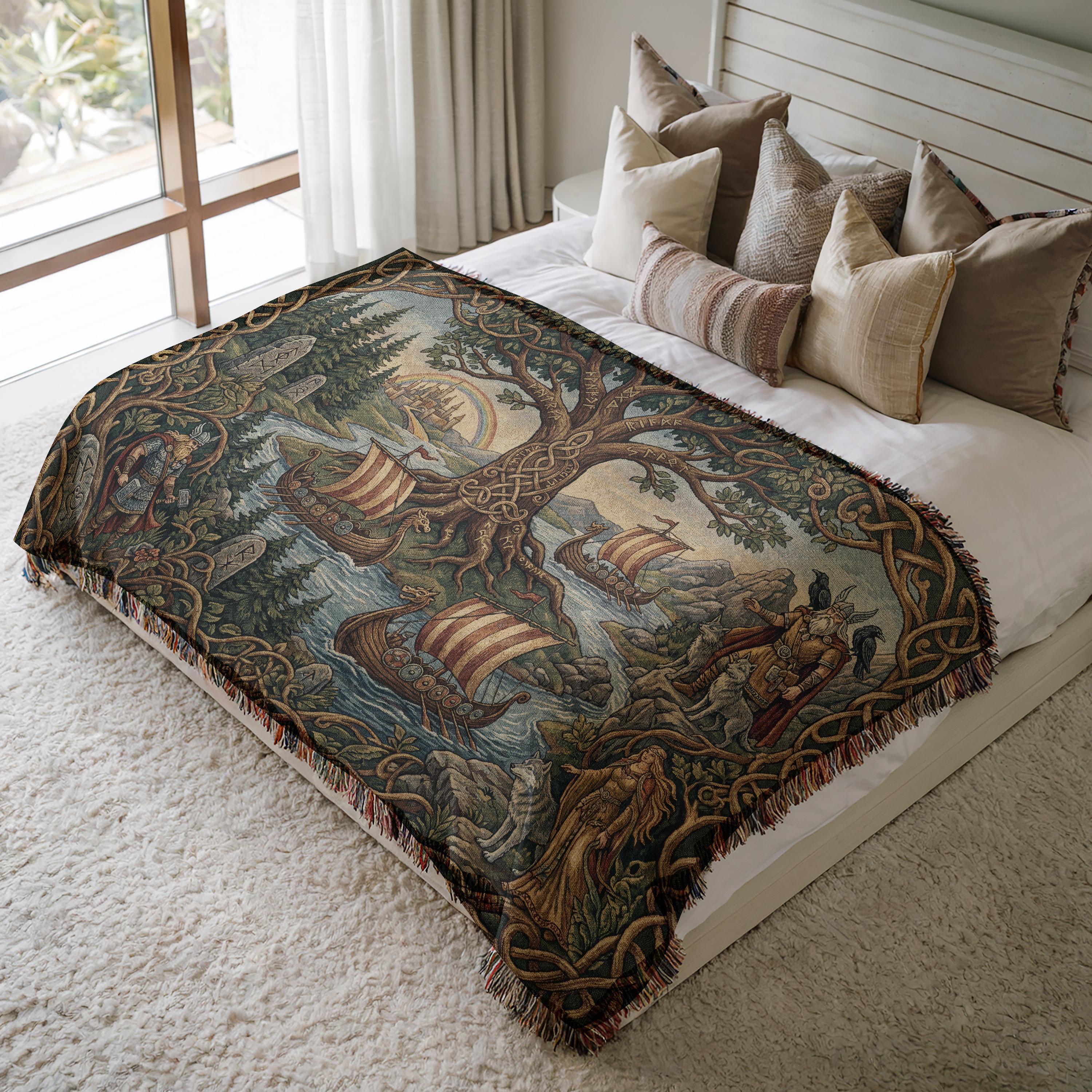 Viking Yggdrasil Tree of Life Blanket - Yggdrasil Woven Blanket, Norse Mythology Tapestry, Viking
