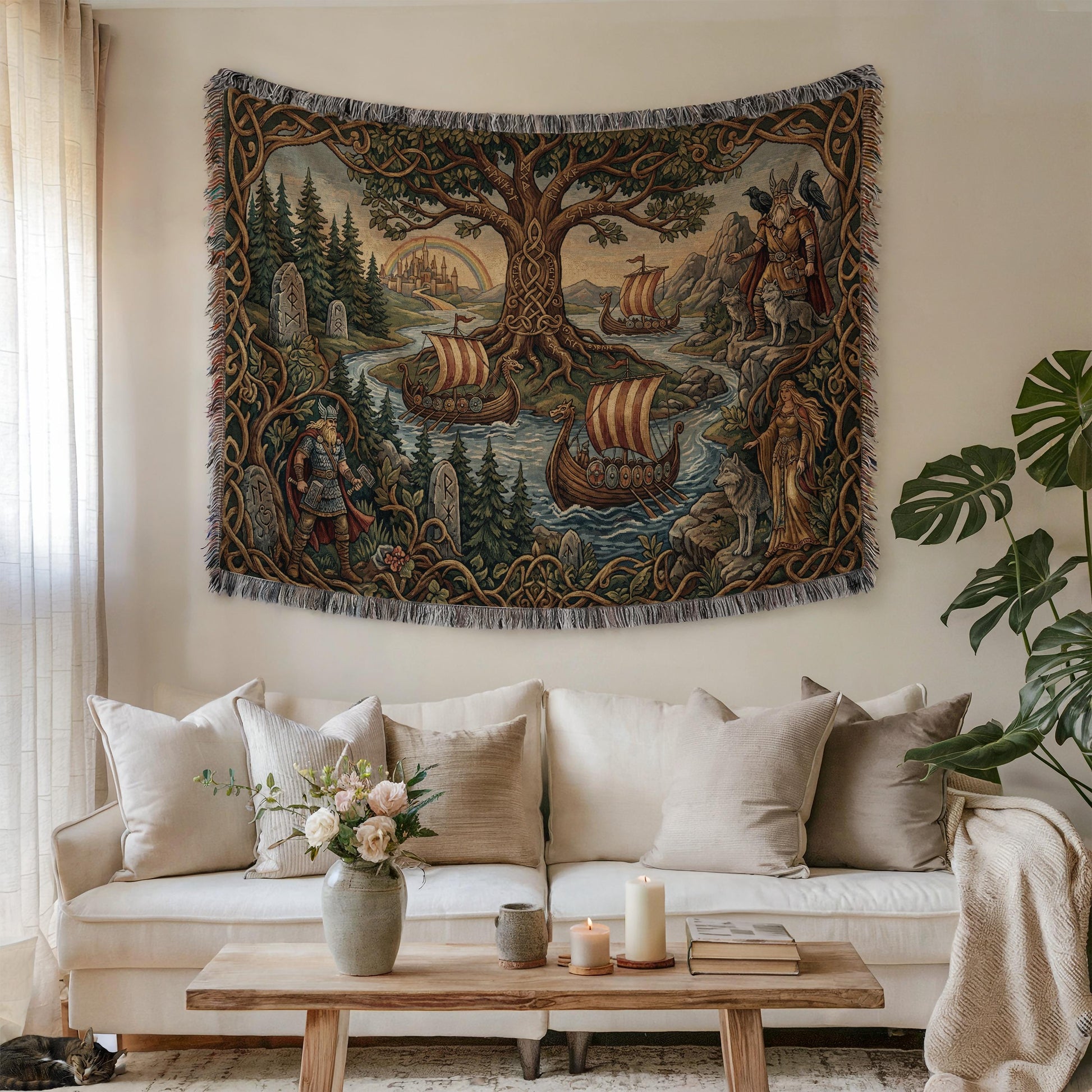 Viking Yggdrasil Tree of Life Blanket - Yggdrasil Woven Blanket, Norse Mythology Tapestry, Viking