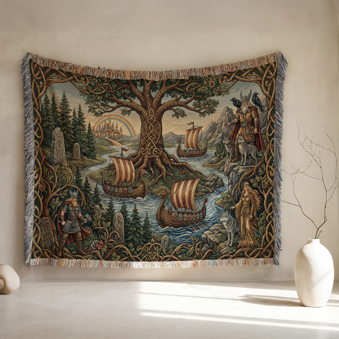 Viking Yggdrasil Tree of Life Blanket - Yggdrasil Woven Blanket, Norse Mythology Tapestry, Viking