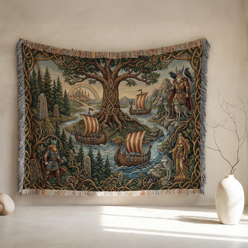 Viking Yggdrasil Tree of Life Blanket - Yggdrasil Woven Blanket, Norse Mythology Tapestry, Viking
