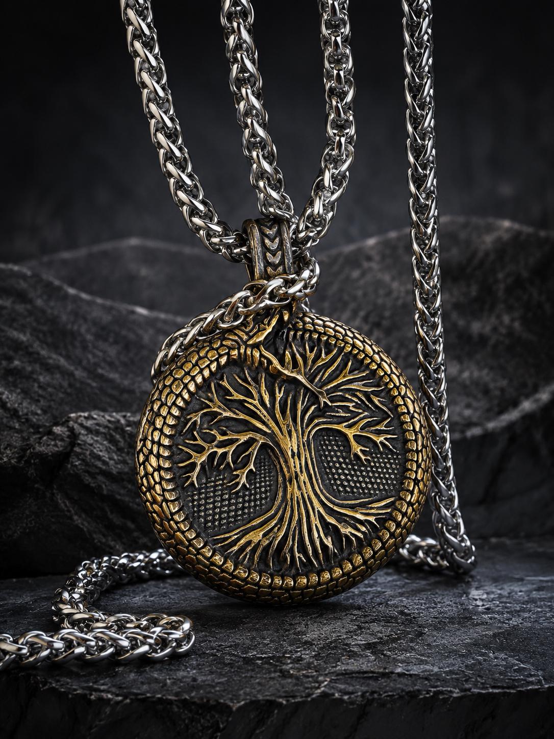 Viking Necklace - Norse Viking Helm of Awe, Tree of Life Ouroboros Pendant, Stainless Steel Talisman