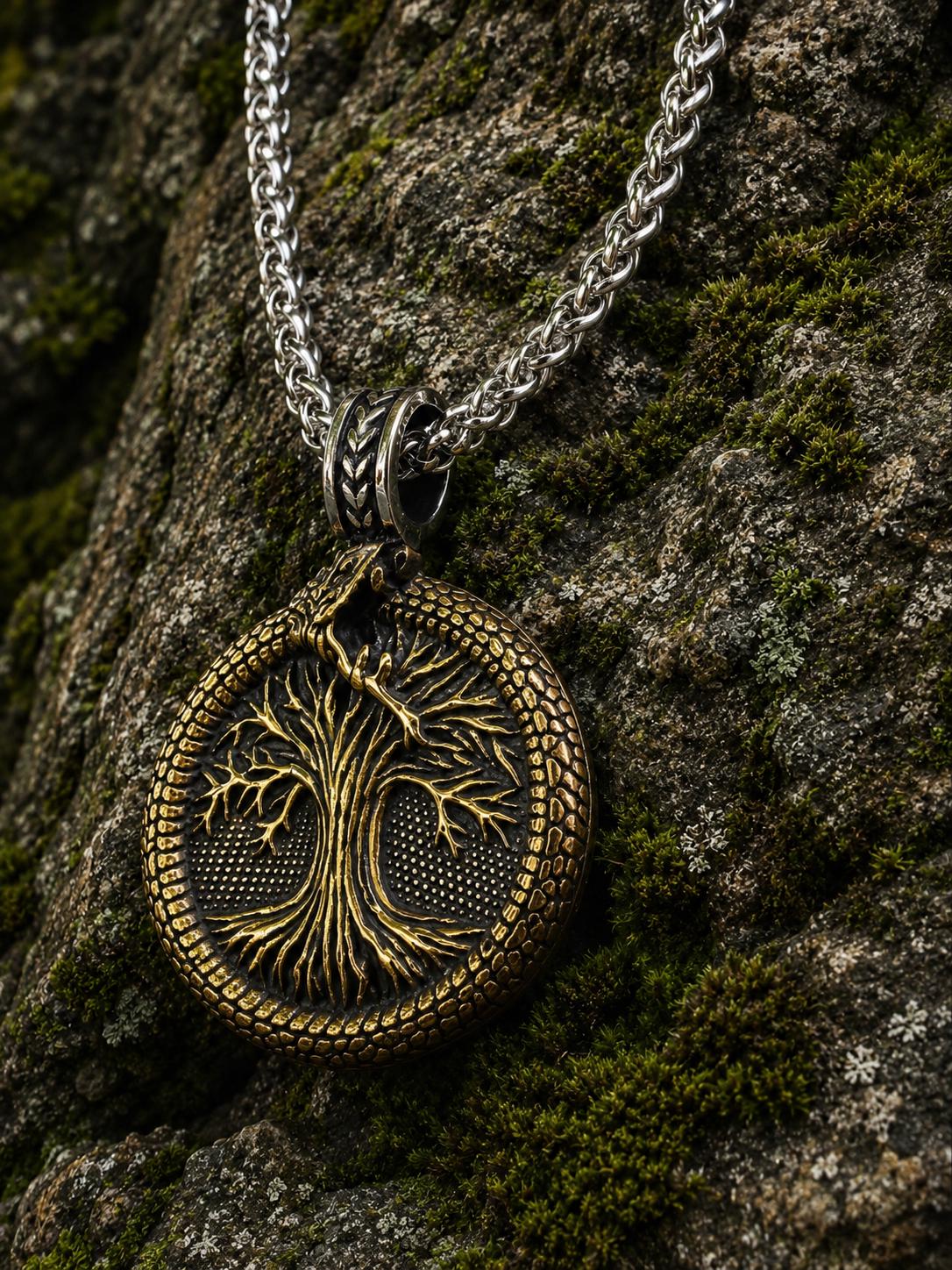 Viking Necklace - Norse Viking Helm of Awe, Tree of Life Ouroboros Pendant, Stainless Steel Talisman