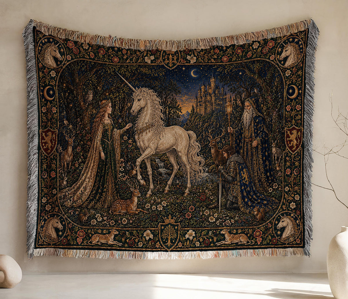 Viking Wolf Blanket - Norse Tree of Life Woven Blanket, Yggdrasil Raven and Wolf Tapestry Throw