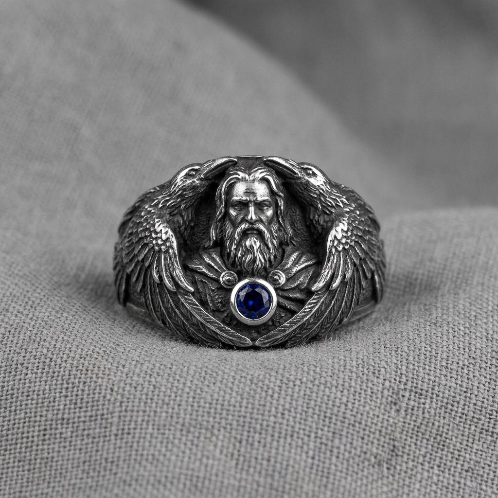 Viking Wolf Ring - Norse Raven Wolf Ring Silver Blue Stone Viking Celtic Knot Band